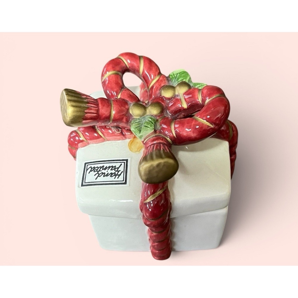 Fitz & Floyd 1988 Christmas Present Gift Ribbon Box Holly Trinket Treasure Box - Picture 9 of 11